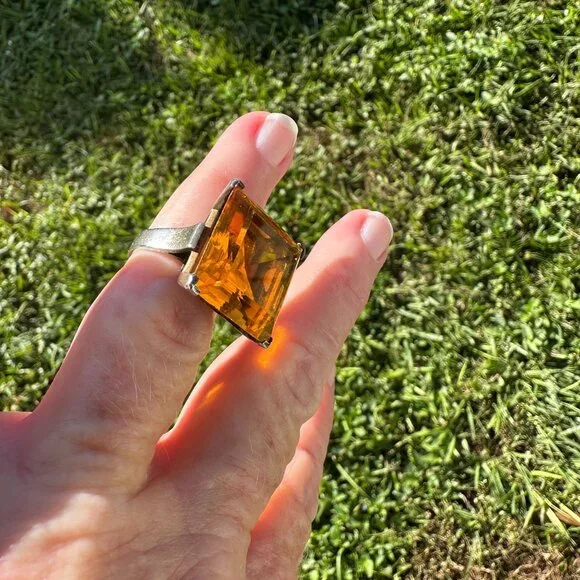 925 Silver Ring Large Amber Glass Stone Size 6.5